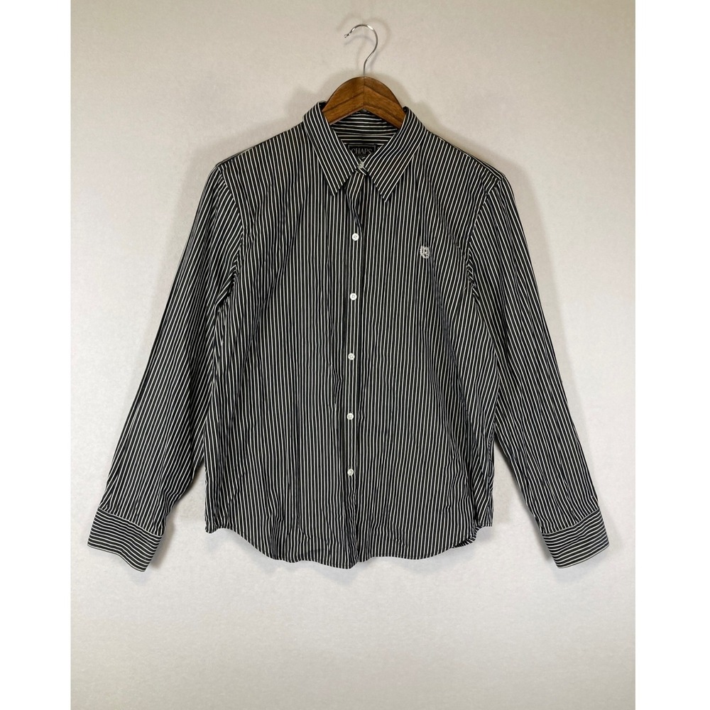 Classic Preppy Chaps Mens Large Black White Striped Cotton Button Down Shirt